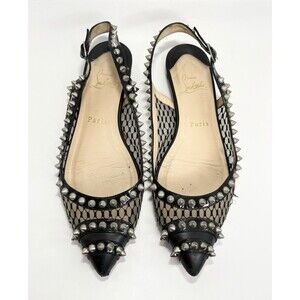 Christian Louboutin Black Leather And Mesh Spiked Slingback Flats Sz EU 37.5 7.5